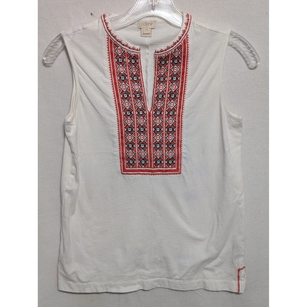 J.Crew Womens XXS White Embroidered Sleeveless V-Neck Cotton Slub Top Boho